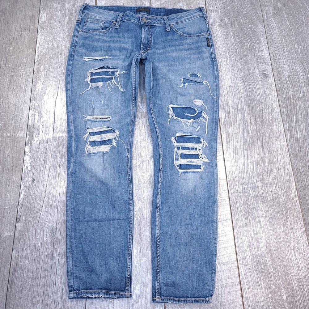 Silver Jeans Boyfriend Womens 32x29 Blue Distressed Ripped Denim Grunge Rock